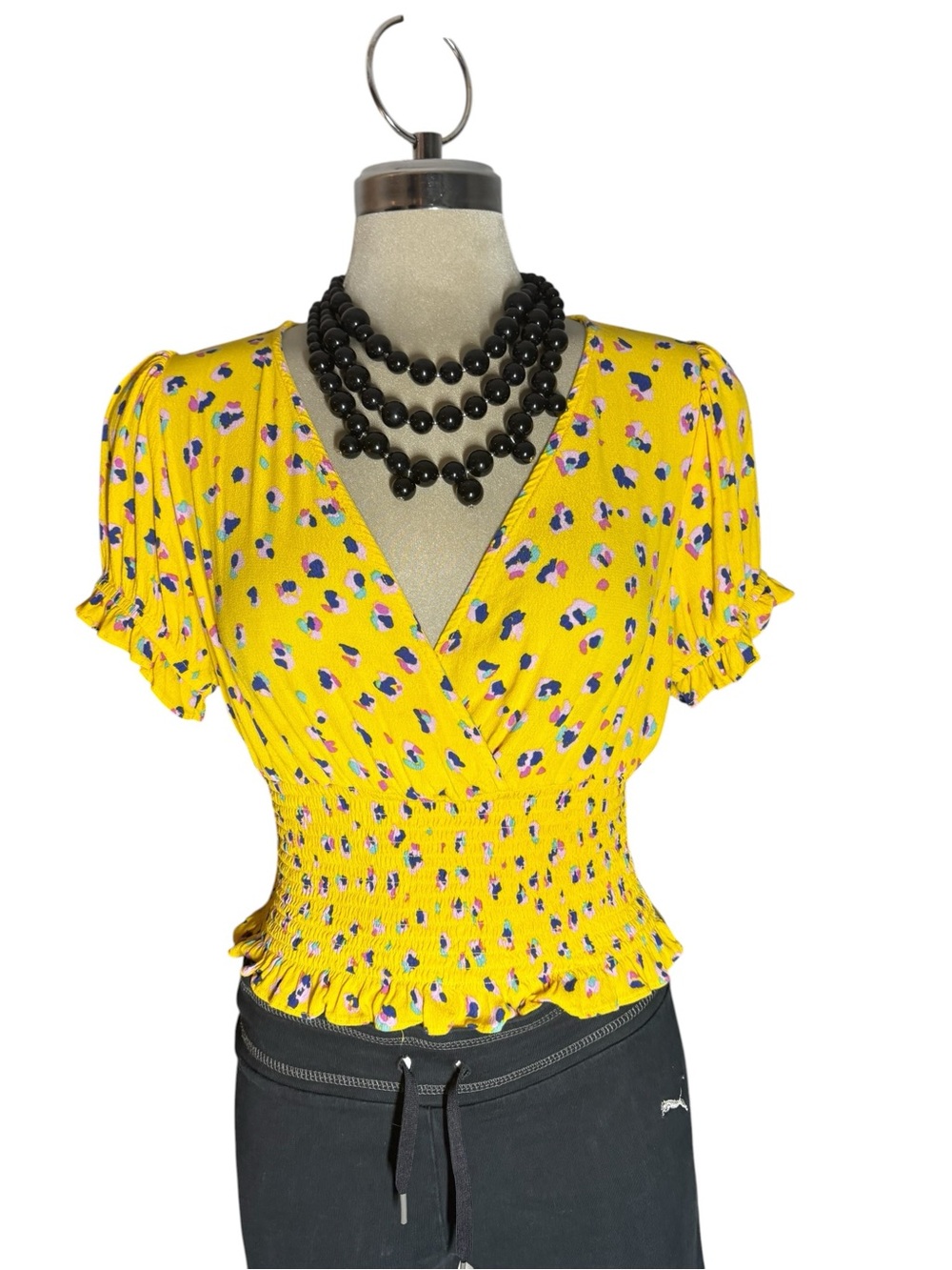 Day After Day Yellow Floral Smocked Wrap-Style Women's Top Size M